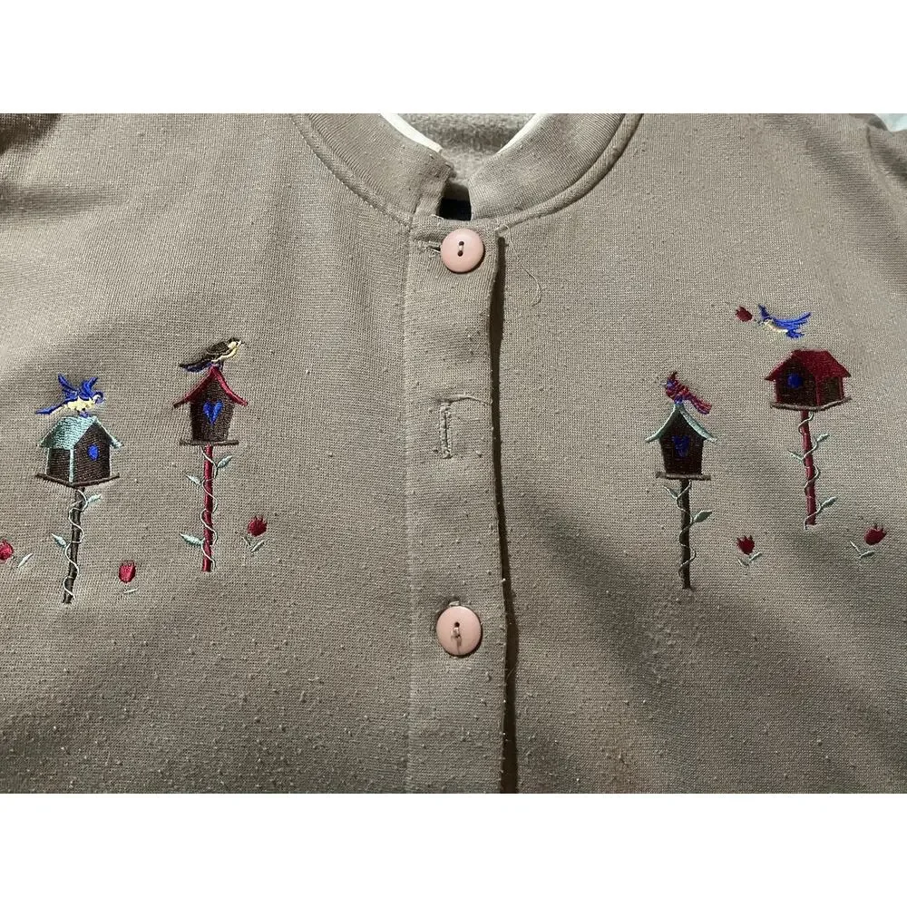 Vintage Bobbi Brooks Button Front Sweatshirt Cardigan w/ Birdhouses Size Large